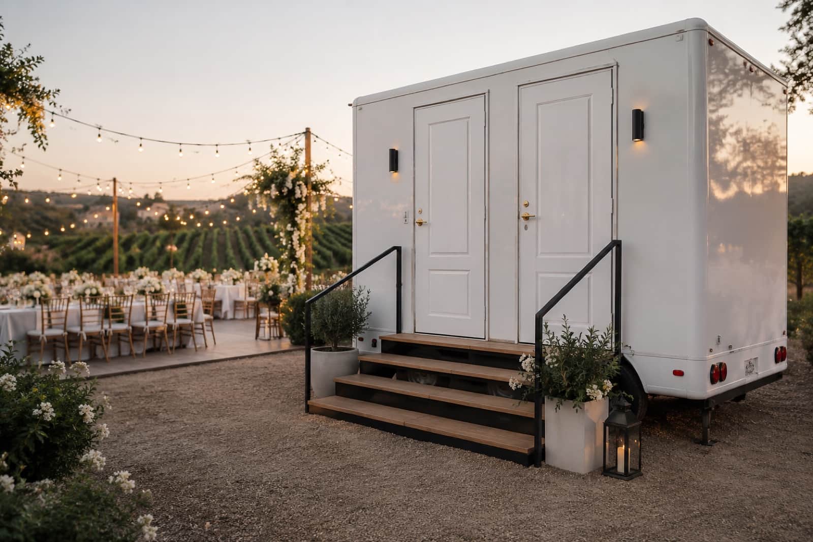 Luxury restroom trailer at an upscale outdoor vineyard wedding